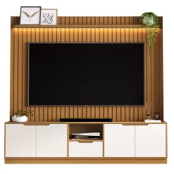 Rack Com Painel Tucuma Ripado 230cm Com Prateleira E Led 4 Portas 1 Gaveta Jb Bechara Nature Off White 11431