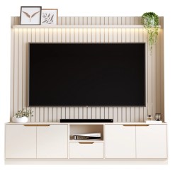 Rack Com Painel Tucuma Ripado 230cm Com Prateleira E Led 4 Portas 1 Gaveta Jb Bechara Off White 23753