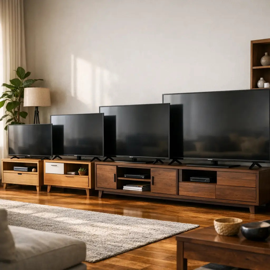 Rack para tv tamanho ideal: 43 a 75 polegadas, TVs alinhadas em racks de madeira