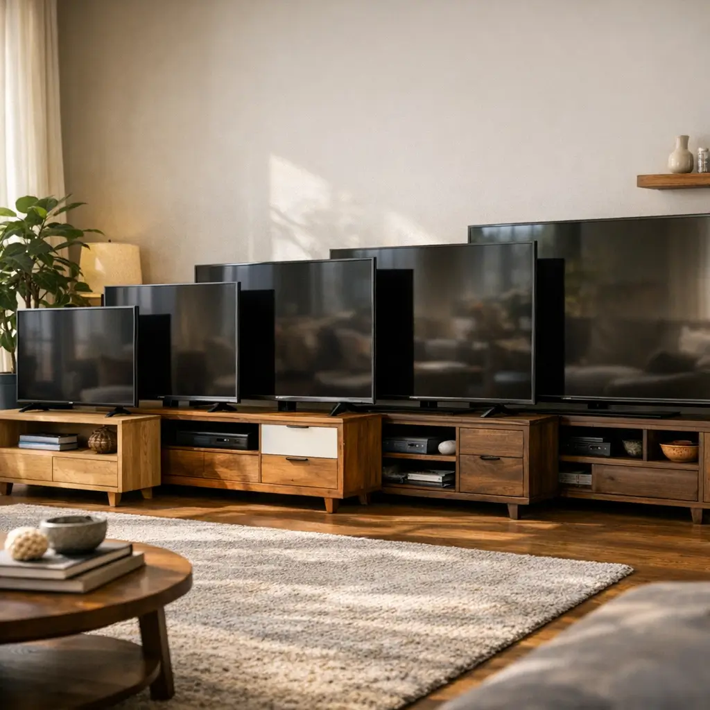 Rack para tv tamanho ideal: 43 a 75 polegadas, TVs em racks de madeira na sala