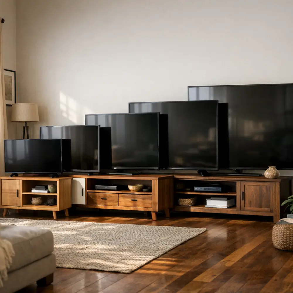 Rack para tv tamanho ideal: 43 a 75 polegadas, TVs em racks de madeira na sala
