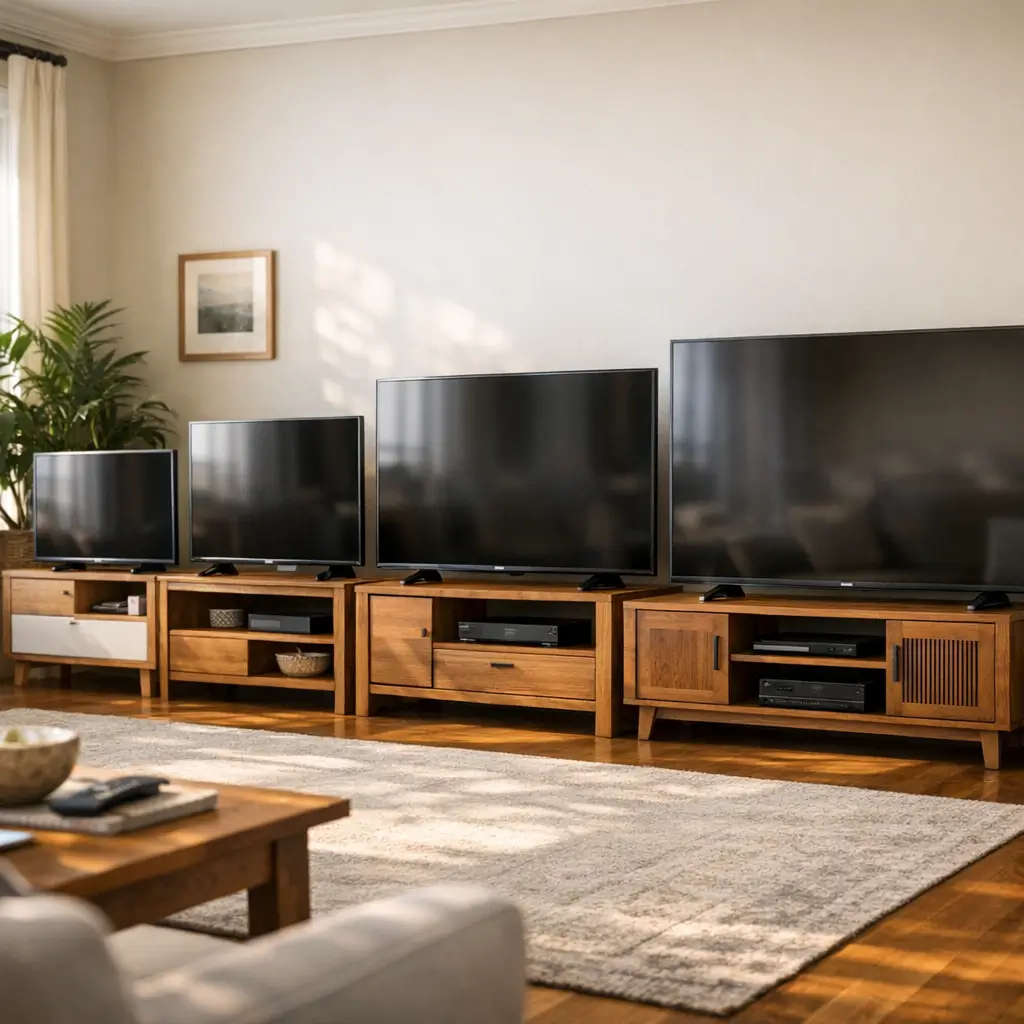 Rack para tv tamanho ideal: 43 a 75 polegadas, TVs em racks de madeira, sala com tapete
