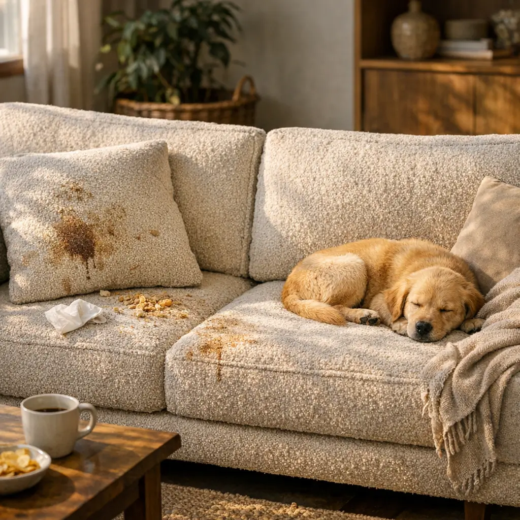 Sofá bouclé: suja muito? Vale a pena? cachorro dormindo e manchas no sofá