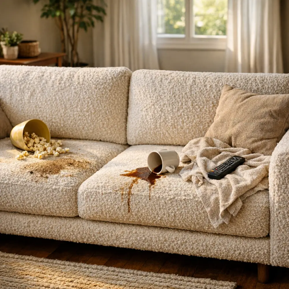 Sofá bouclé: suja muito? Vale a pena? café derramado e pipoca no assento