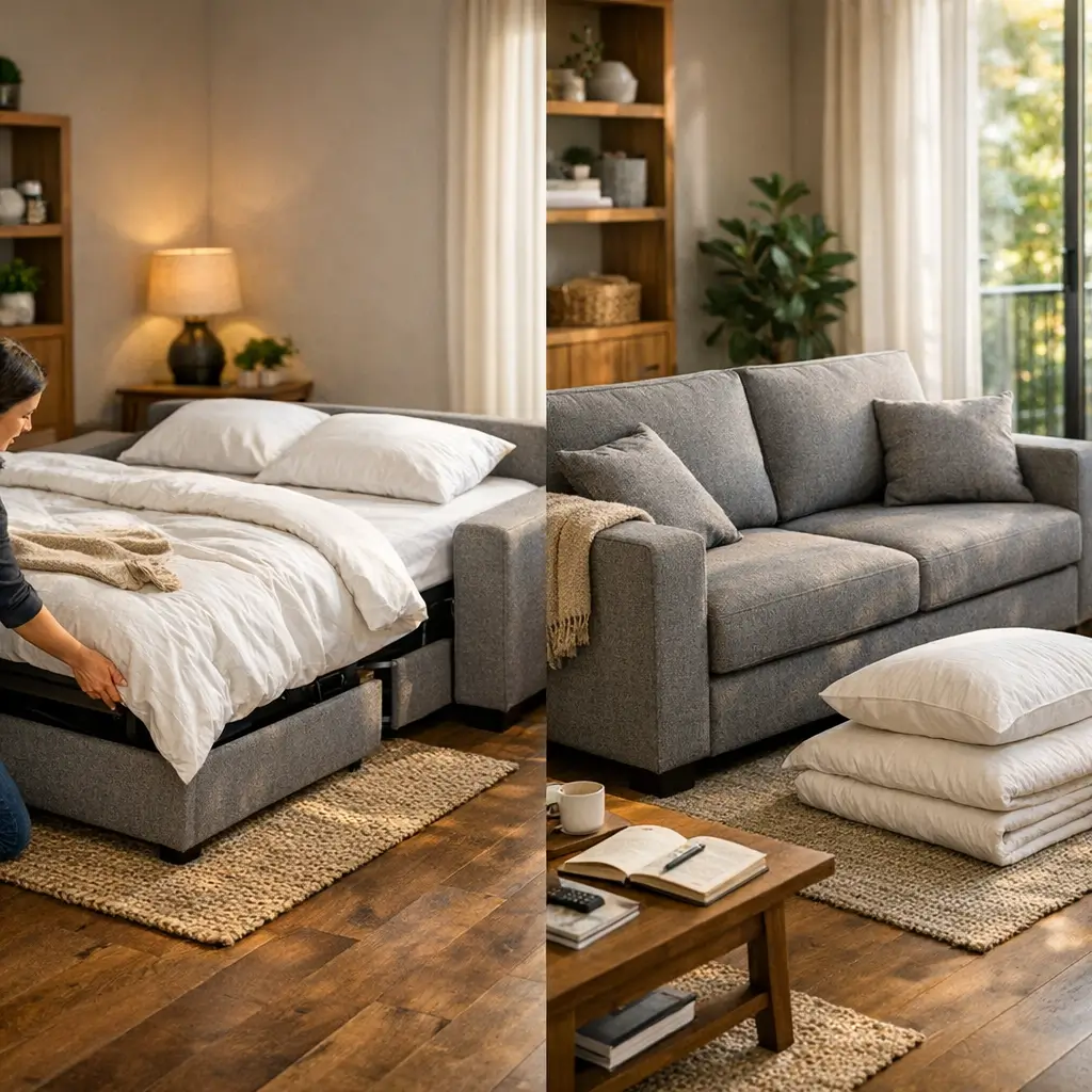 Sofá cama: como escolher o ideal sem dor de cabeça, antes e depois do sofá cama aberto e fechado