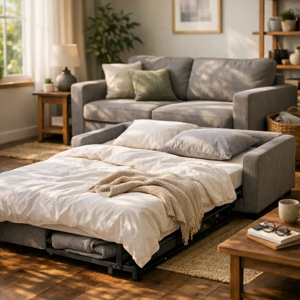 Sofá cama: como escolher o ideal sem dor de cabeça, cama aberta com edredom e travesseiros na sala