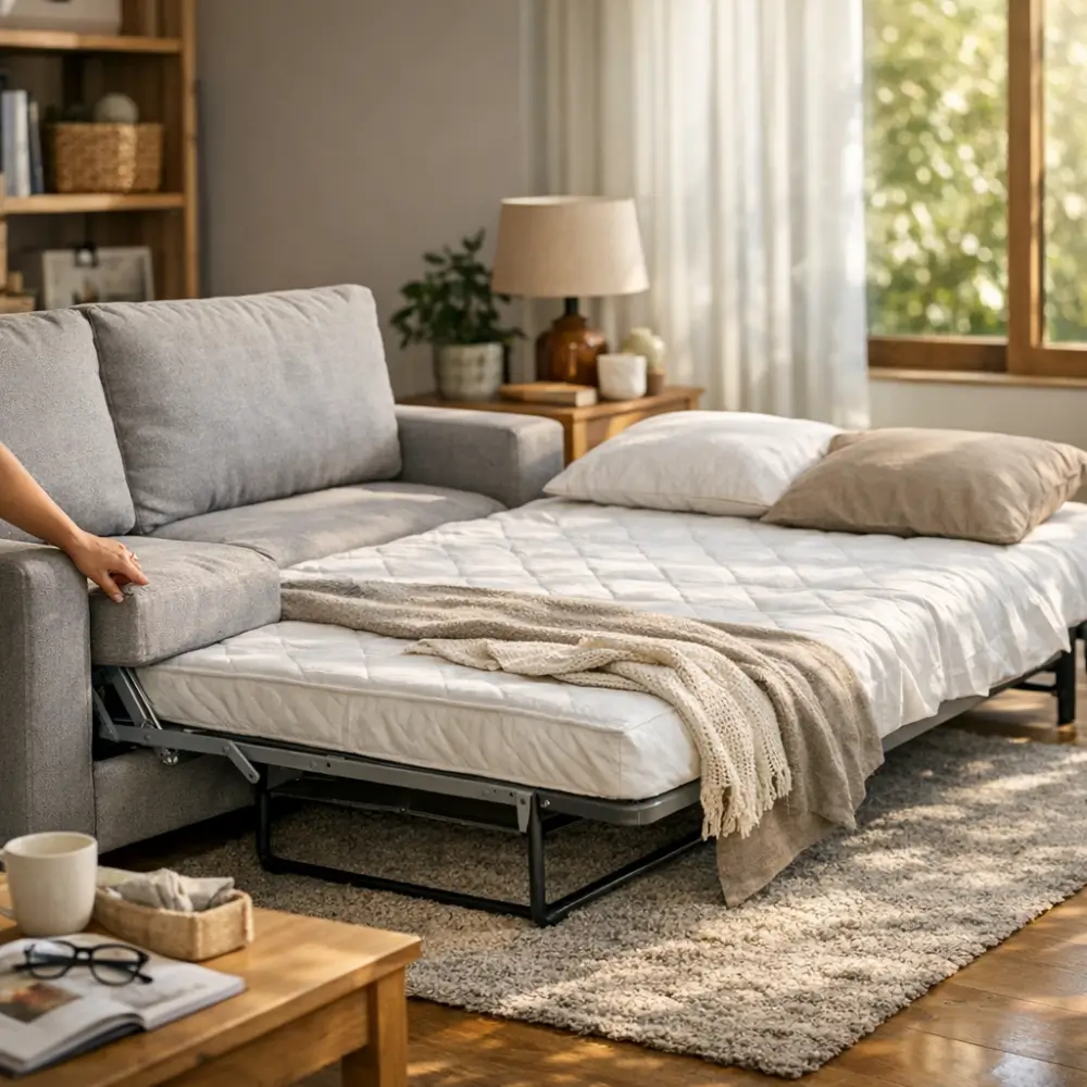 Sofá cama: como escolher o ideal sem dor de cabeça, sofá cinza aberto com colchão e almofadas