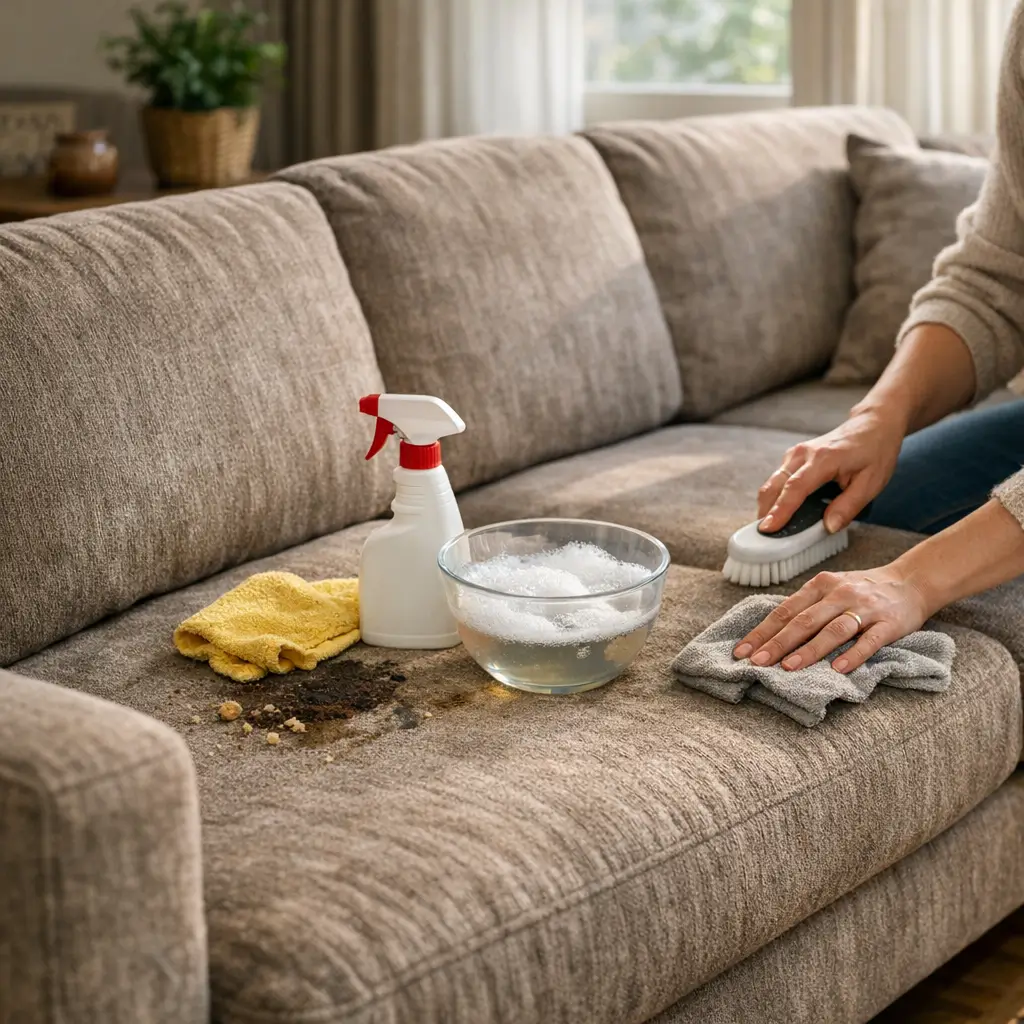 Sofá chenille: vale a pena? prós e contras, escova e pano limpando assento com espuma