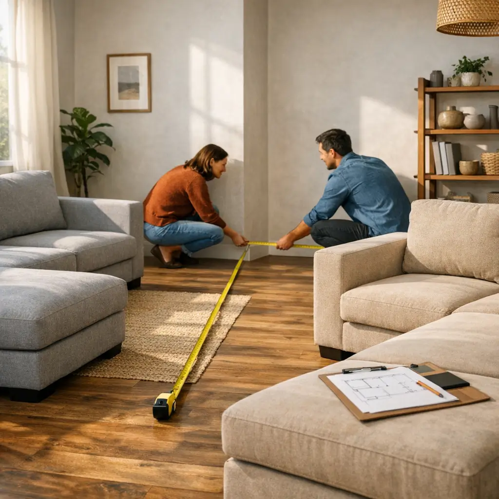 Sofá de canto direito ou esquerdo: como escolher o lado, casal medindo espaço da sala com trena