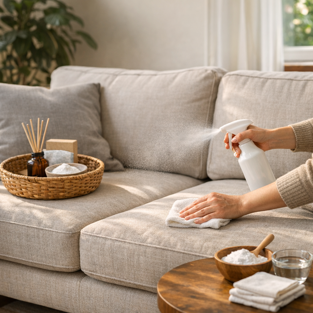 Sofá novo com cheiro forte: como tirar o cheiro, mão borrifando spray e passando pano em sofá bege