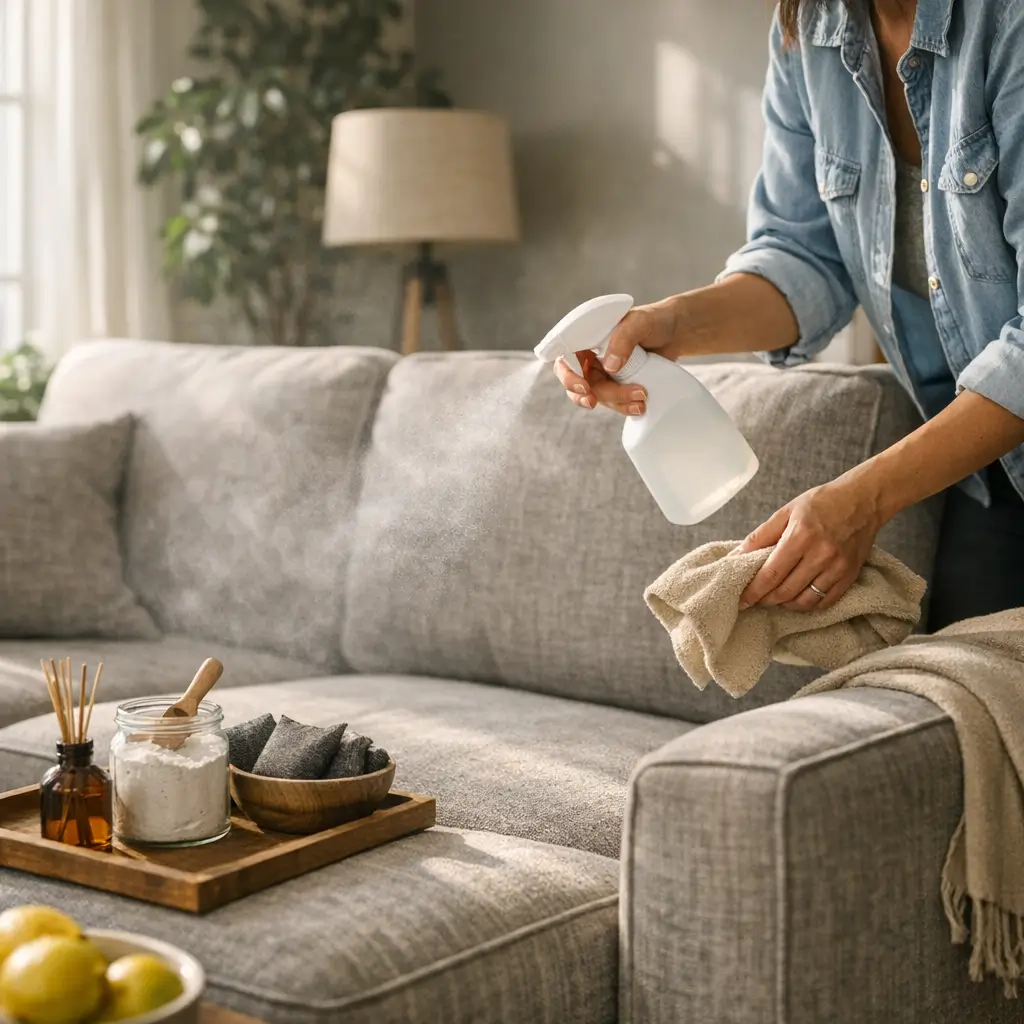 Sofá novo com cheiro forte: como tirar o cheiro, pessoa borrifando spray e pano em sofá cinza
