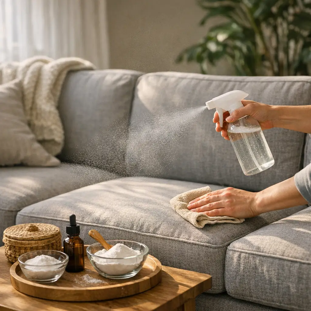 Sofá novo com cheiro forte: como tirar o cheiro, spray e pano em sofá cinza, potes com bicarbonato na mesa