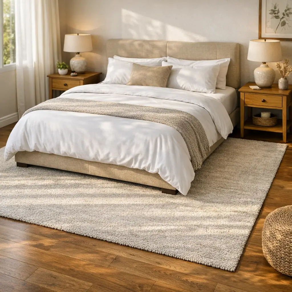 Tapete para quarto: tamanho ideal para cama, cama de casal sobre tapete bege grande