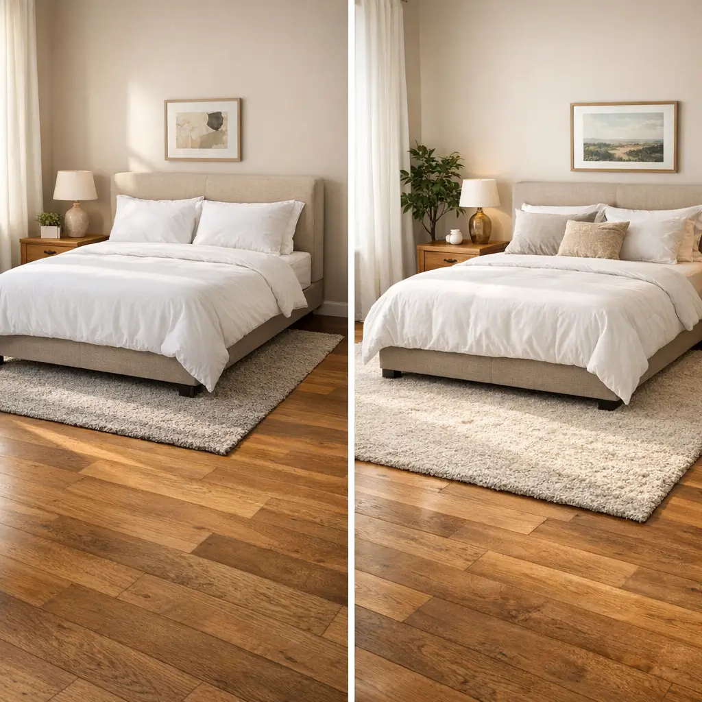 Tapete para quarto: tamanho ideal para cama, comparação de tapete na frente da cama de casal