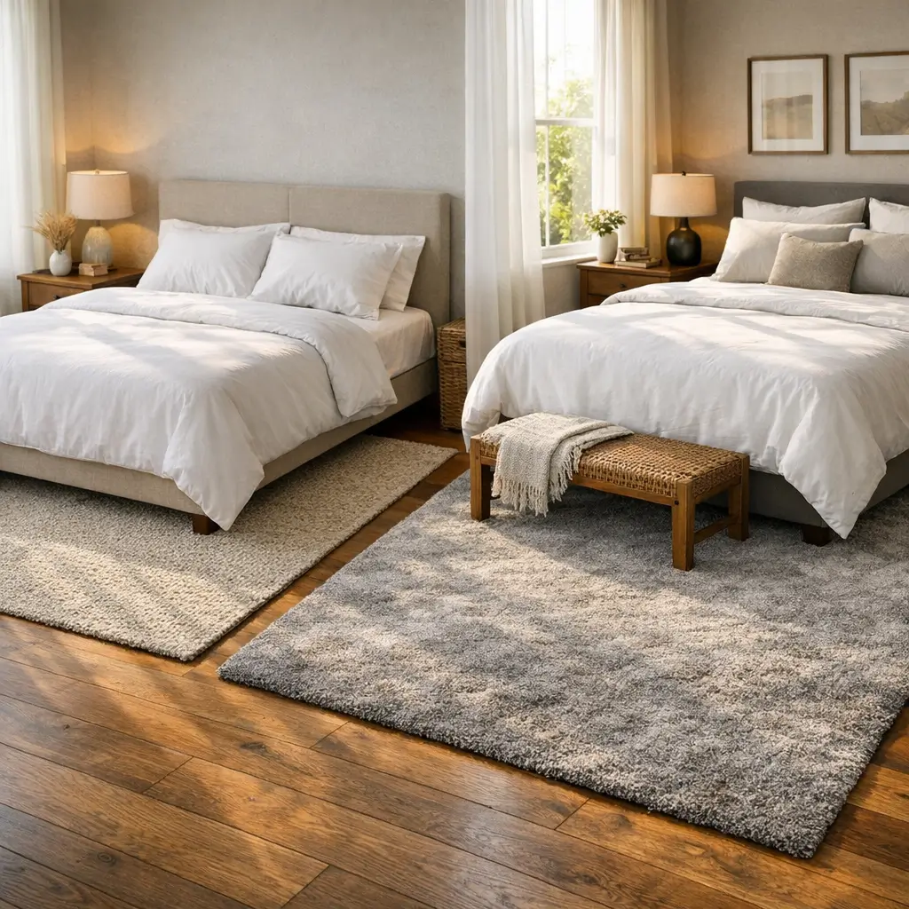 Tapete para quarto: tamanho ideal para cama, duas camas de casal com tapetes bege e cinza no piso