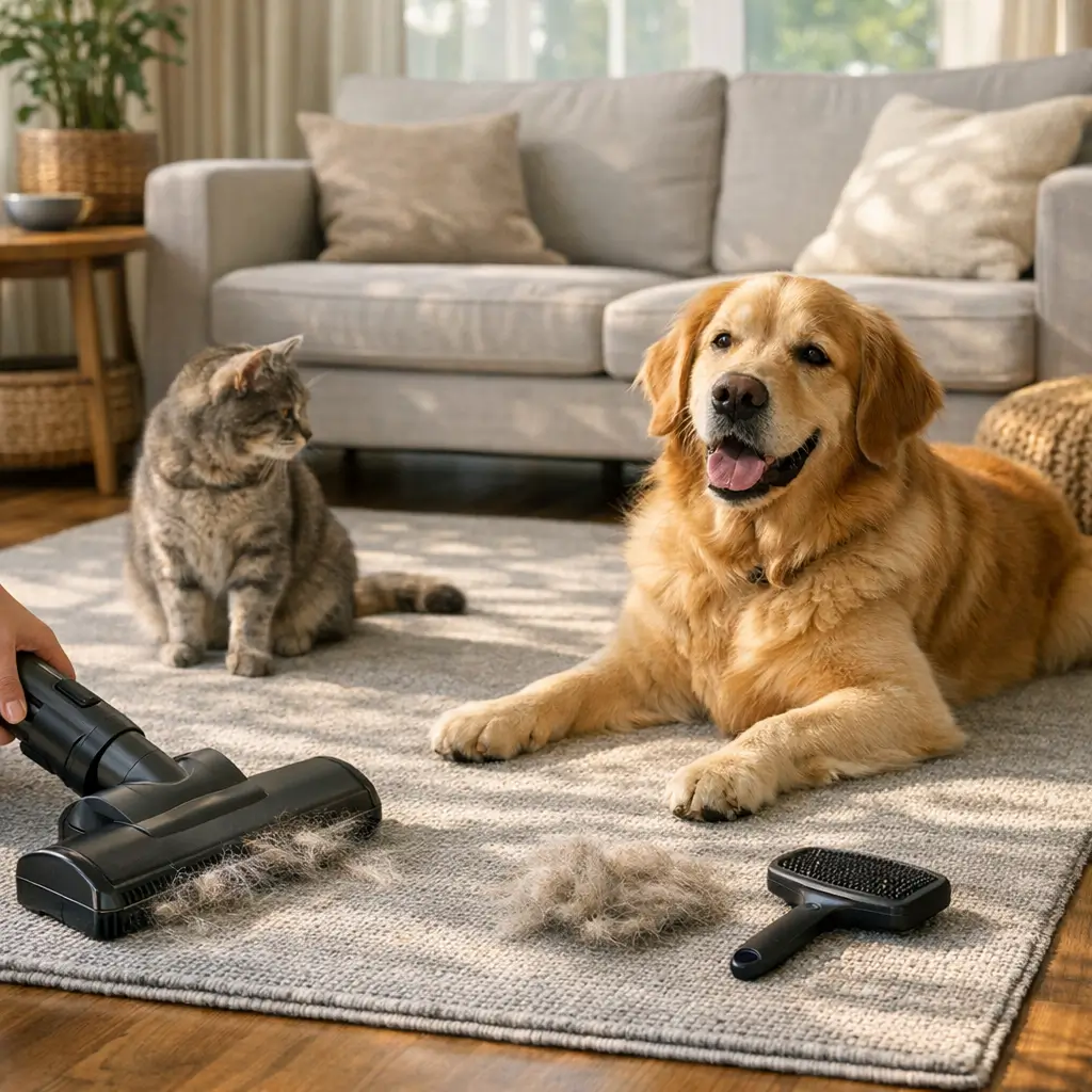 Tapete para sala com pet: escolha e limpeza fácil, aspirador no tapete com pelos, cachorro e gato na sala