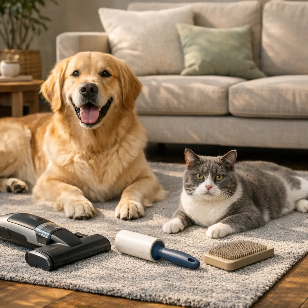 Tapete para sala com pet: escolha e limpeza fácil, cachorro e gato no tapete com aspirador e rolo tira-pelos