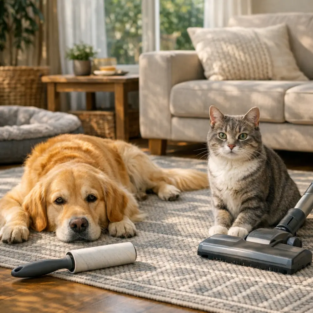 Tapete para sala com pet: escolha e limpeza fácil, cão e gato no tapete com aspirador e rolo tira-pelos