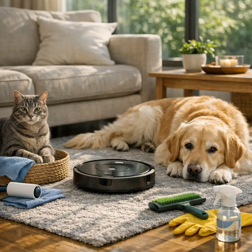 Tapete para sala com pet: escolha e limpeza fácil, cão e gato no tapete com robô aspirador e itens de limpeza