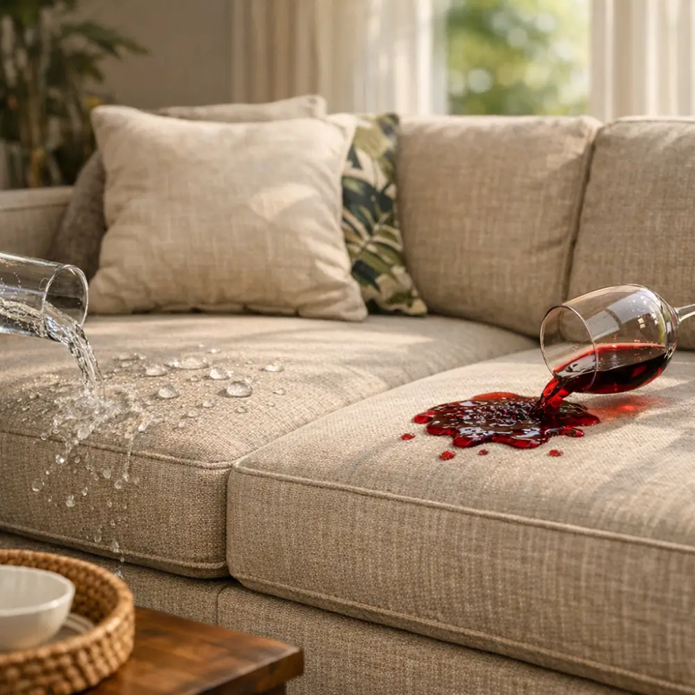 Tecido Aquablock no sofá: vale a pena? água e vinho derramados em sofá bege