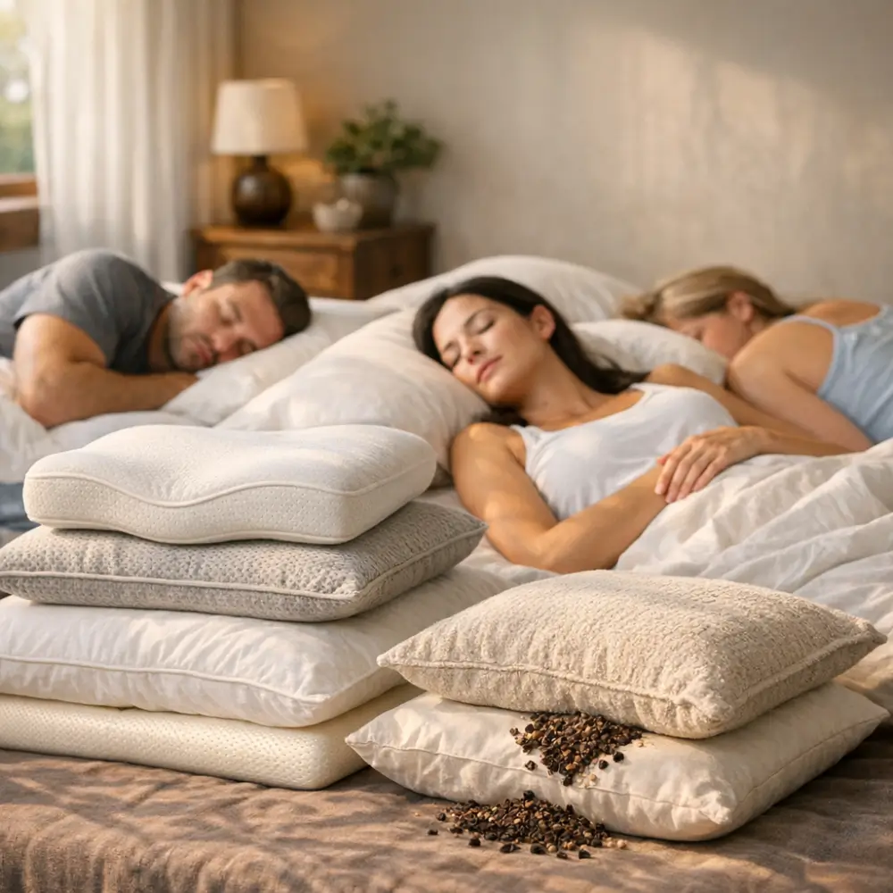 Travesseiro ideal: como escolher altura e material, pessoas dormindo e travesseiros empilhados na cama