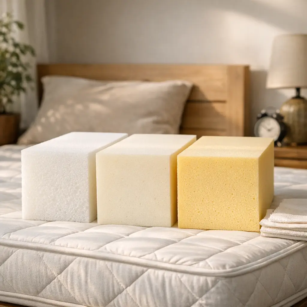 Três blocos de espuma sobre colchão, Densidade do colchão D28, D33 e D45: como escolher