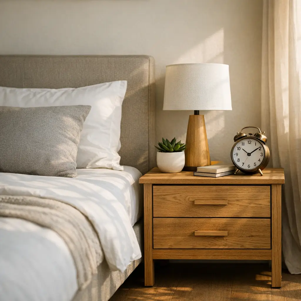 Altura ideal da mesa de cabeceira: tamanho certo no quarto, cama e mesa com abajur, relógio, livros e plantinha