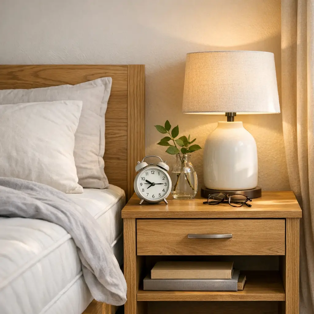 Altura ideal da mesa de cabeceira: tamanho certo no quarto, cama e mesa com abajur, relógio, óculos, vasinho e livros