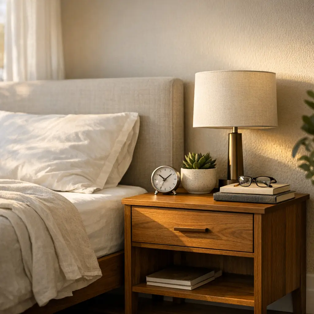 Altura ideal da mesa de cabeceira: tamanho certo no quarto, cama e mesa com abajur, relógio, suculenta, óculos e livros