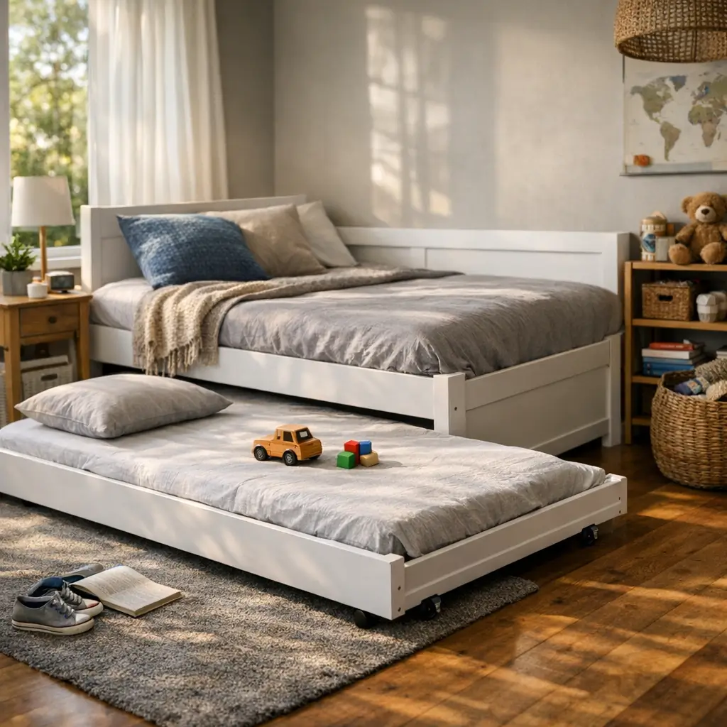 Bicama vale a pena: prós e contras, bicama branca com cama auxiliar e brinquedos