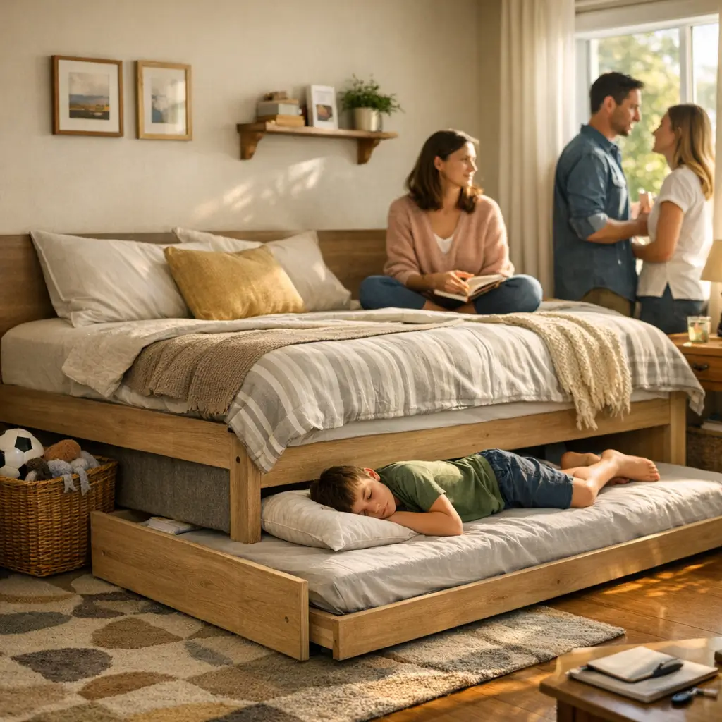 Bicama vale a pena: prós e contras, bicama com cama auxiliar e criança dormindo