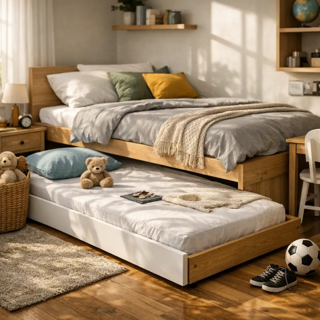 Bicama vale a pena: prós e contras, bicama com cama auxiliar, ursinho e bola