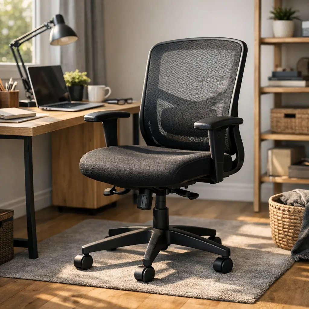 Cadeira home office boa e barata: como escolher, cadeira preta em tela ao lado de mesa com notebook