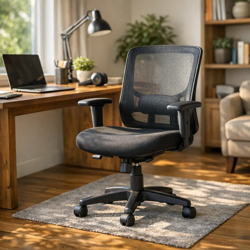 Cadeira home office boa e barata: como escolher, cadeira tela preta e mesa com notebook