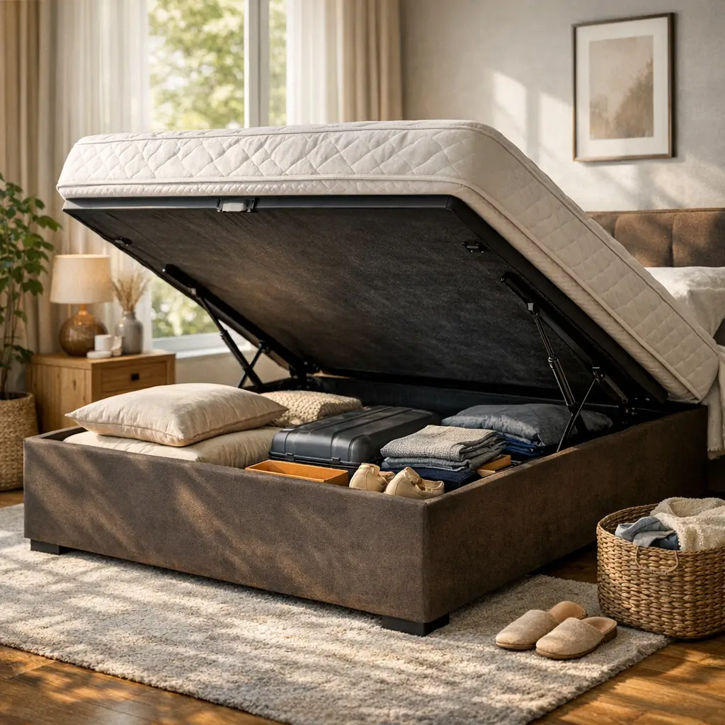 Cama box baú: vale a pena? prós e contras, baú aberto com mala e roupas
