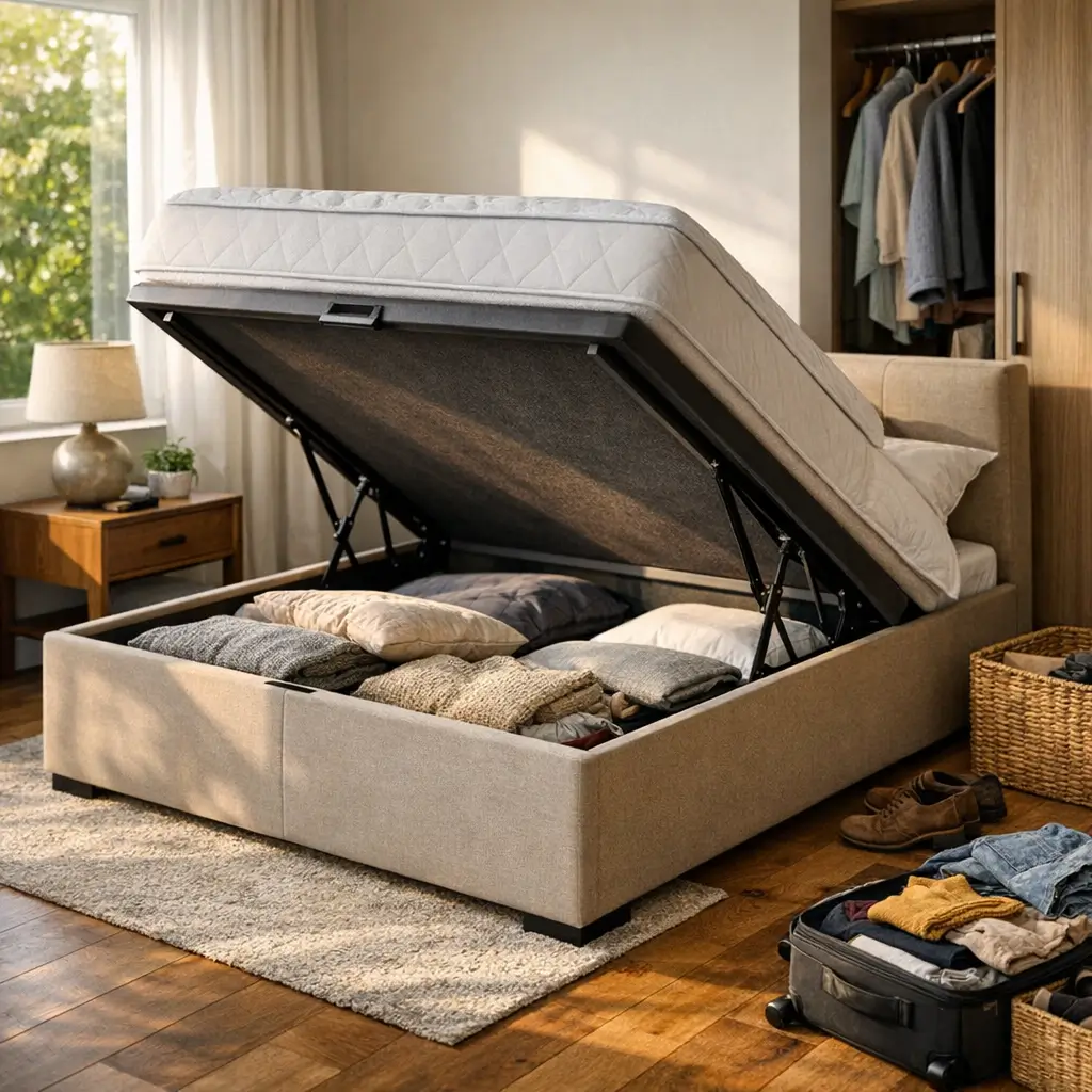 Cama box baú: vale a pena? prós e contras, baú aberto com roupas e guarda-roupa ao fundo
