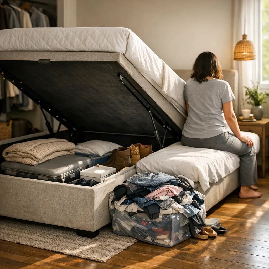 Cama box baú: vale a pena? prós e contras, pessoa sentada e baú aberto com mala e roupas