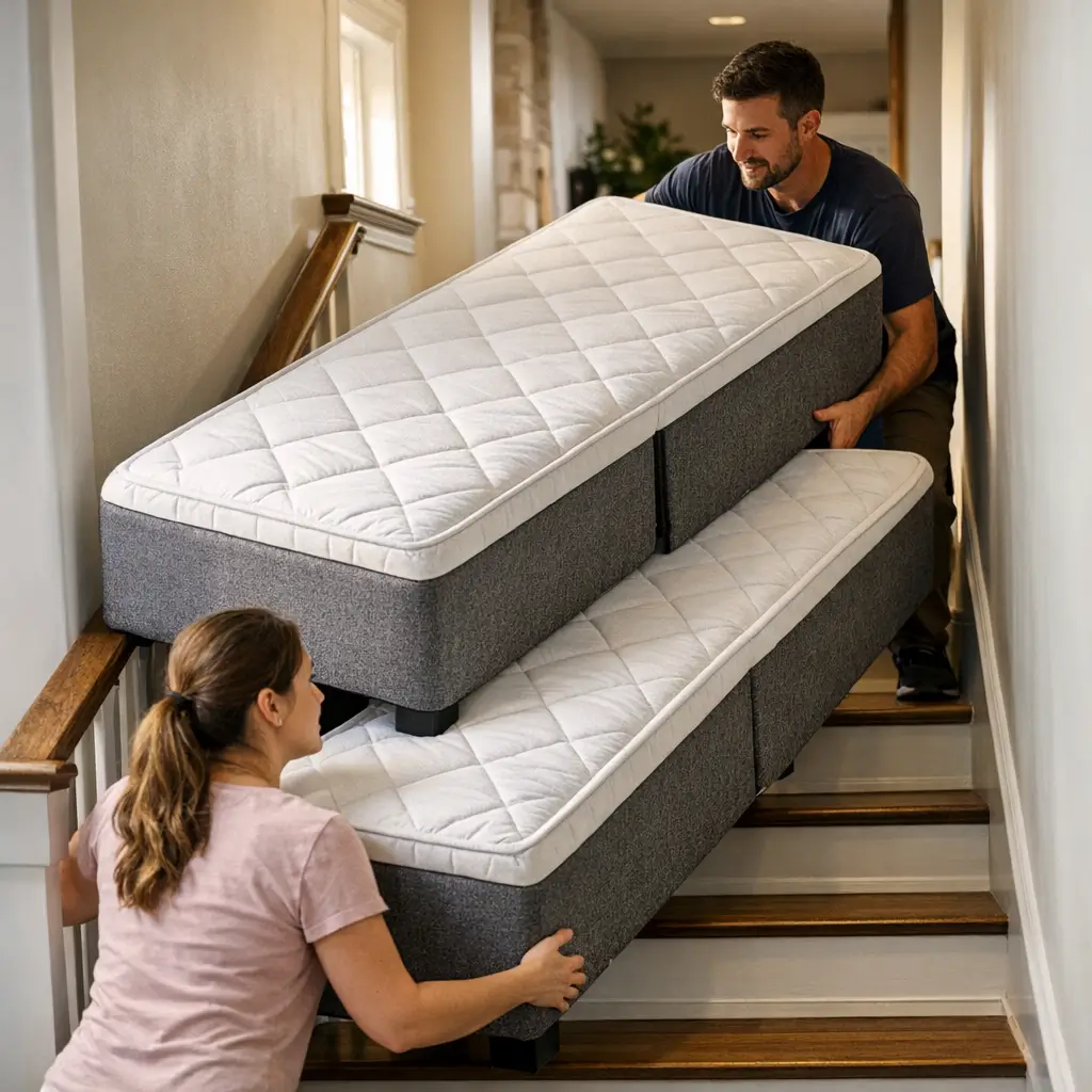 Cama box bipartida: o que é e quando vale a pena, casal carregando duas bases na escada