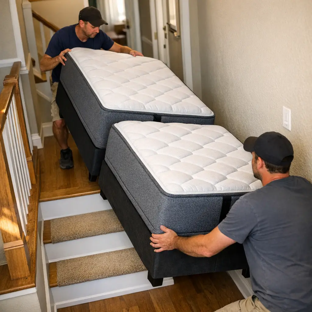 Cama box bipartida: o que é e quando vale a pena, duas bases subindo a escada