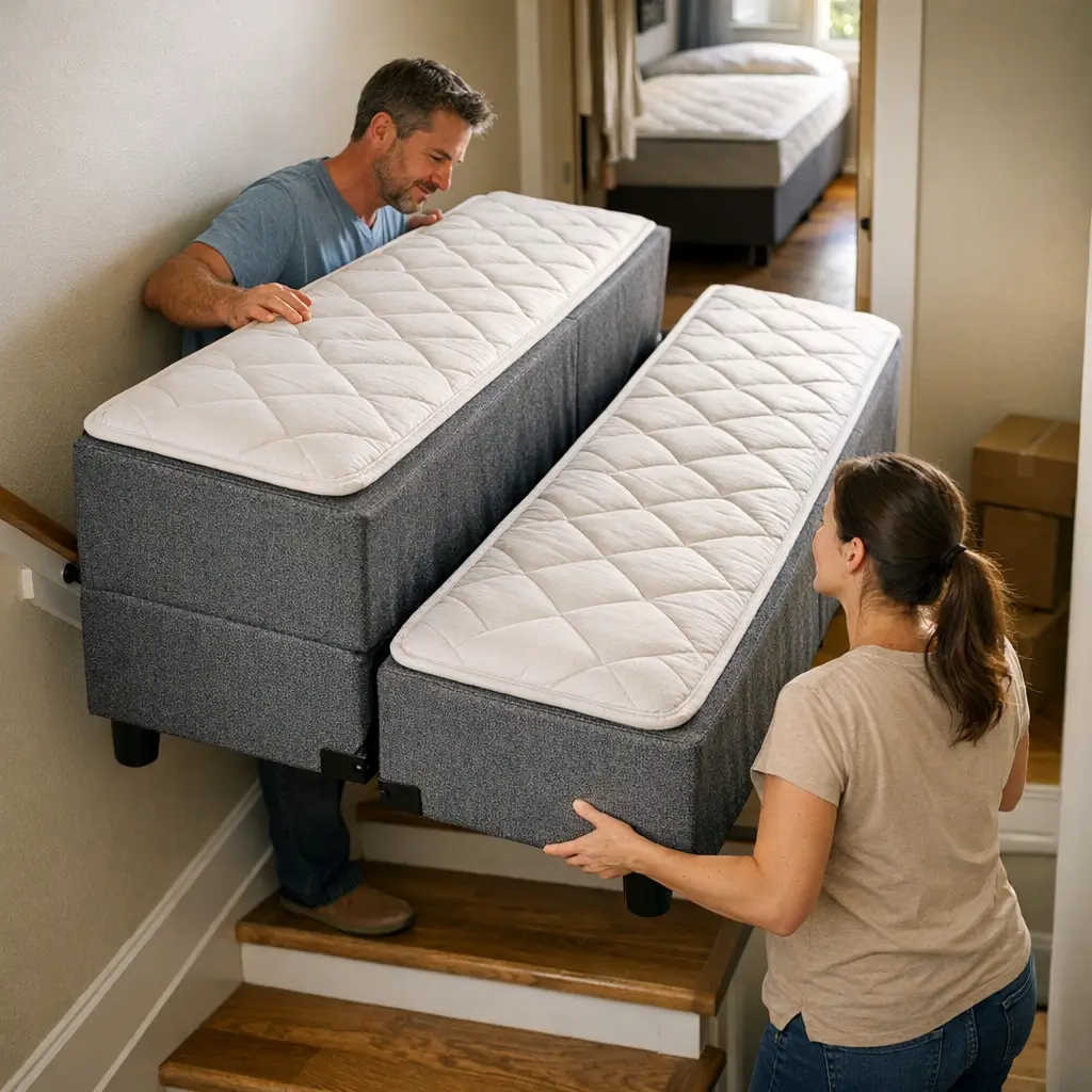 Cama box bipartida: o que é e quando vale a pena, homem e mulher carregando duas bases na escada