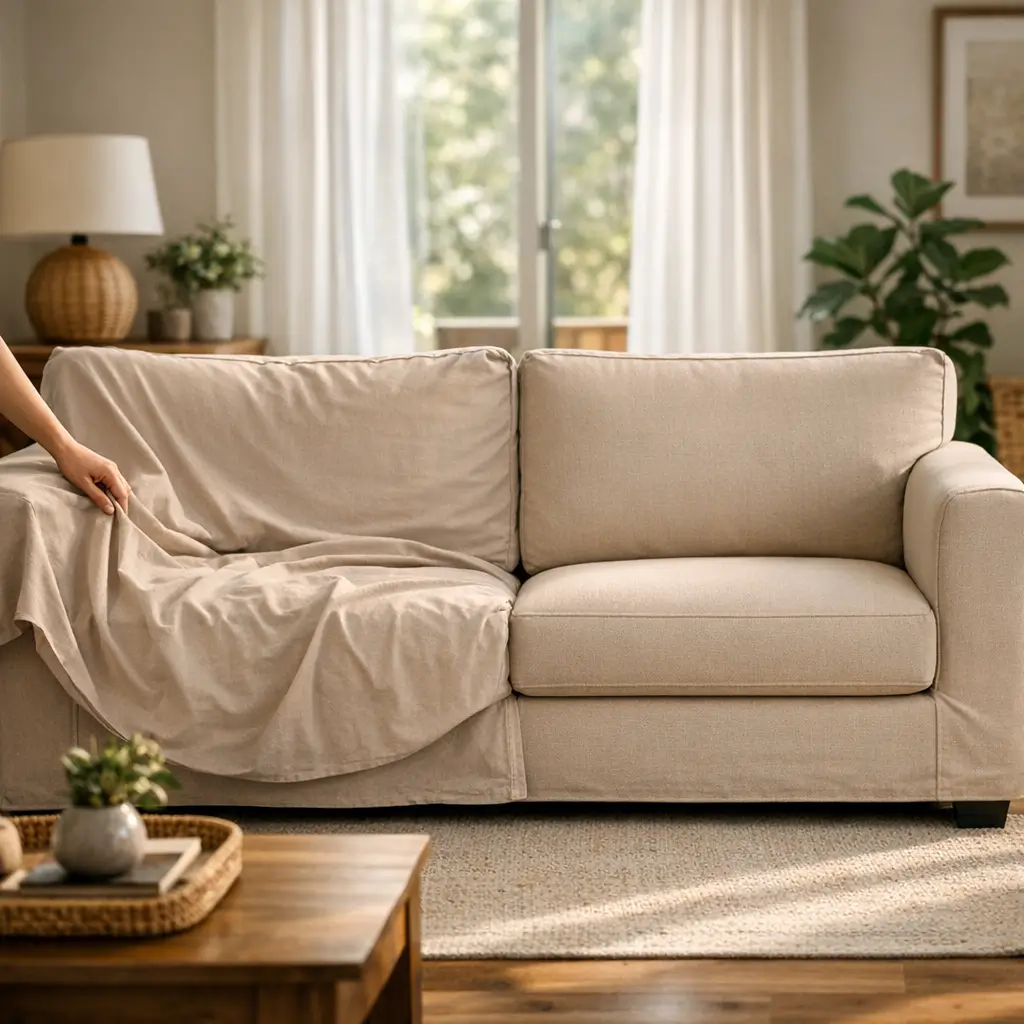 Capa para sofá: como escolher o tamanho certo, mão ajustando capa solta em sofá bege