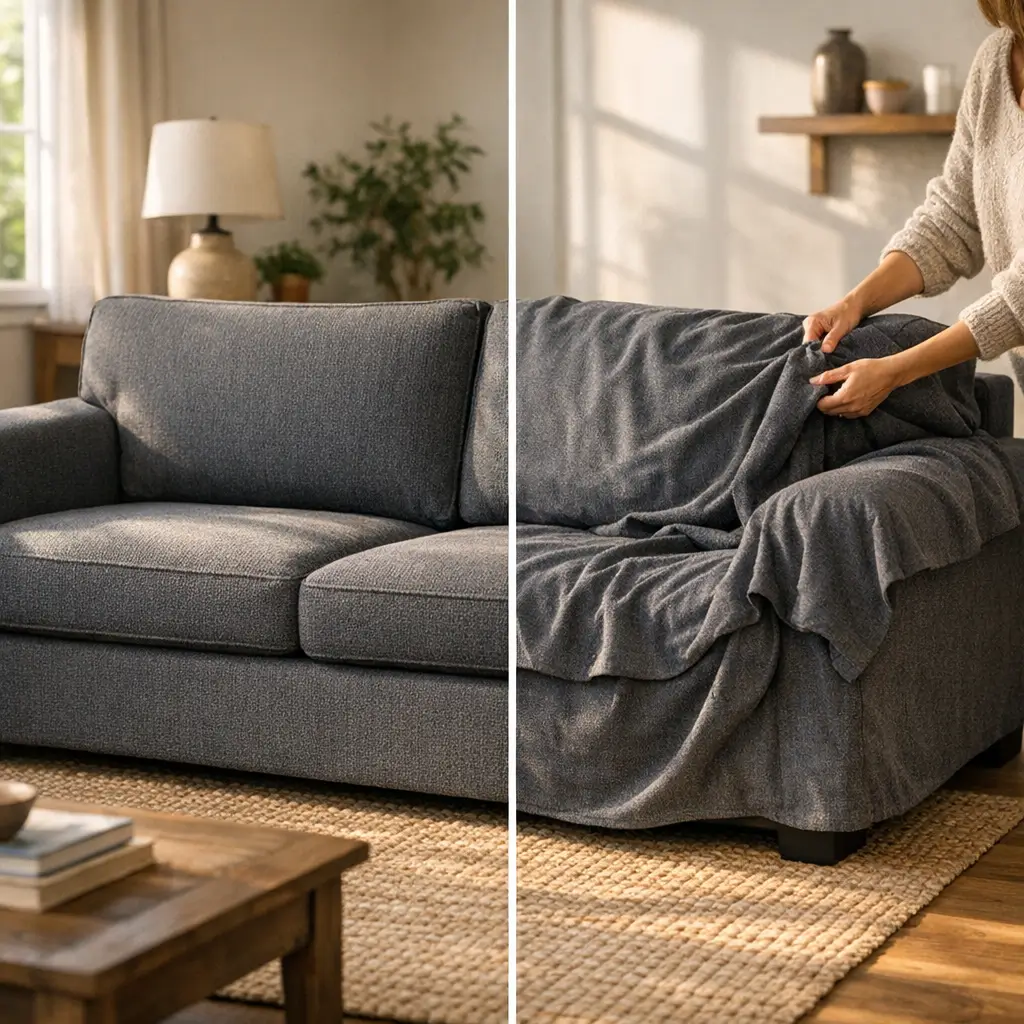 Capa para sofá: como escolher o tamanho certo, sofá cinza sem capa e com capa ajustada
