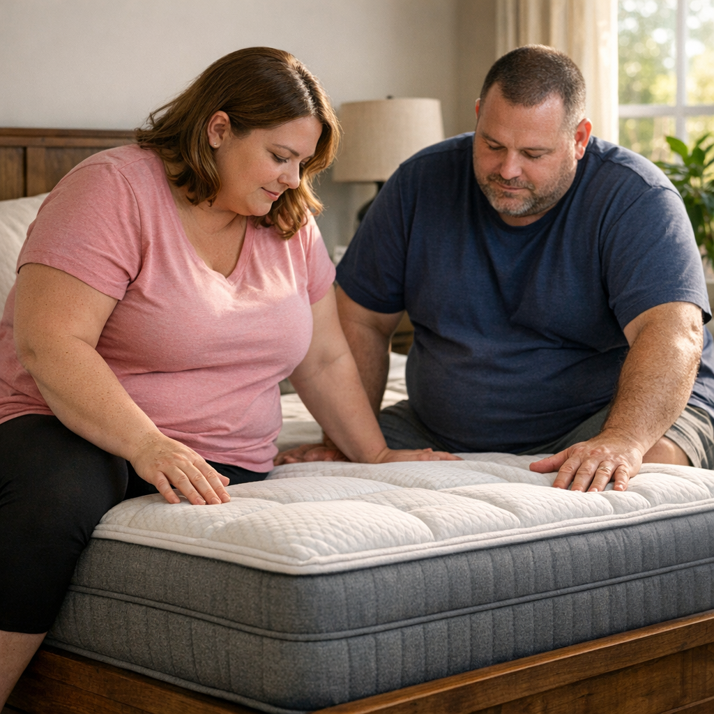 Colchão para pessoas acima do peso: firmeza ideal, casal testando colchão com as mãos