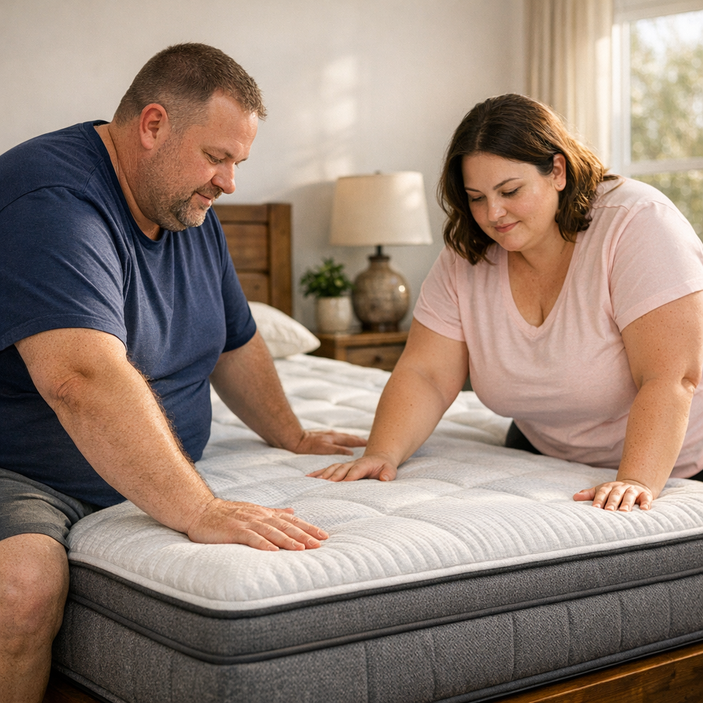 Colchão para pessoas acima do peso: firmeza ideal, casal testando colchão com as mãos