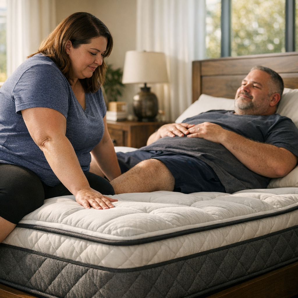 Colchão para pessoas acima do peso: firmeza ideal, mulher testando colchão, homem deitado na cama