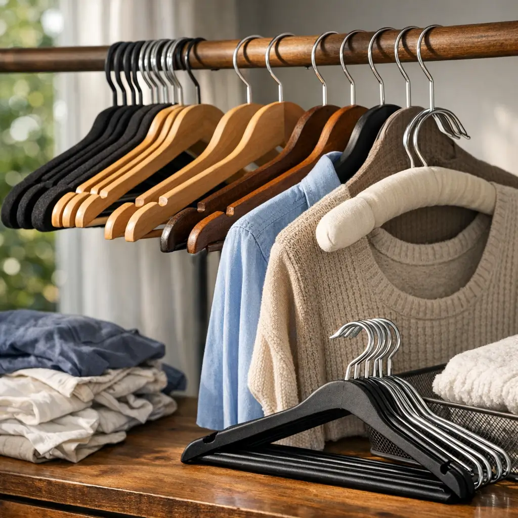 Como escolher cabides que não deformam roupa: cabides variados no varão e roupas dobradas na mesa