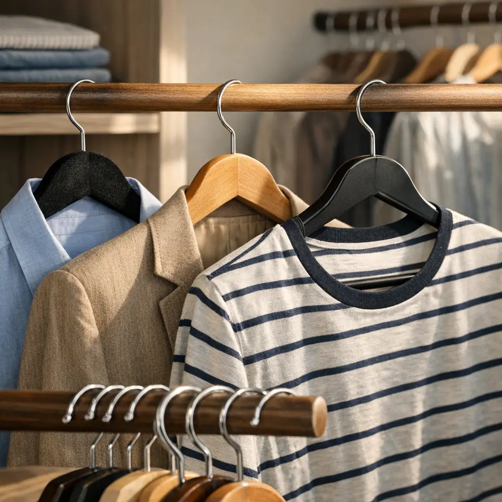 Como escolher cabides que não deformam roupa: camisas e blusa em cabides no varão de madeira