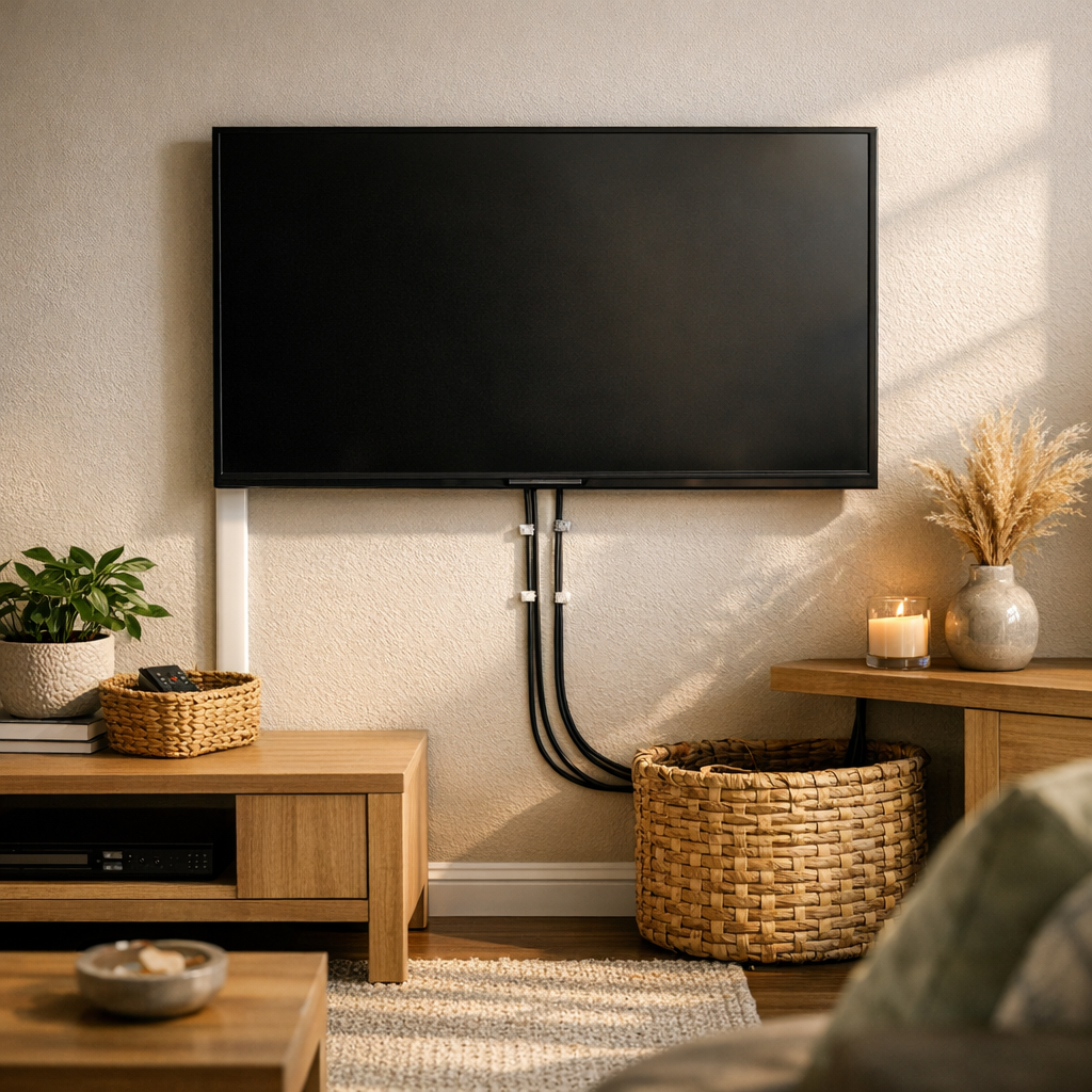 Como esconder fios da TV na parede: sem quebrar, TV na parede com cabos presos e canaleta branca até o cesto