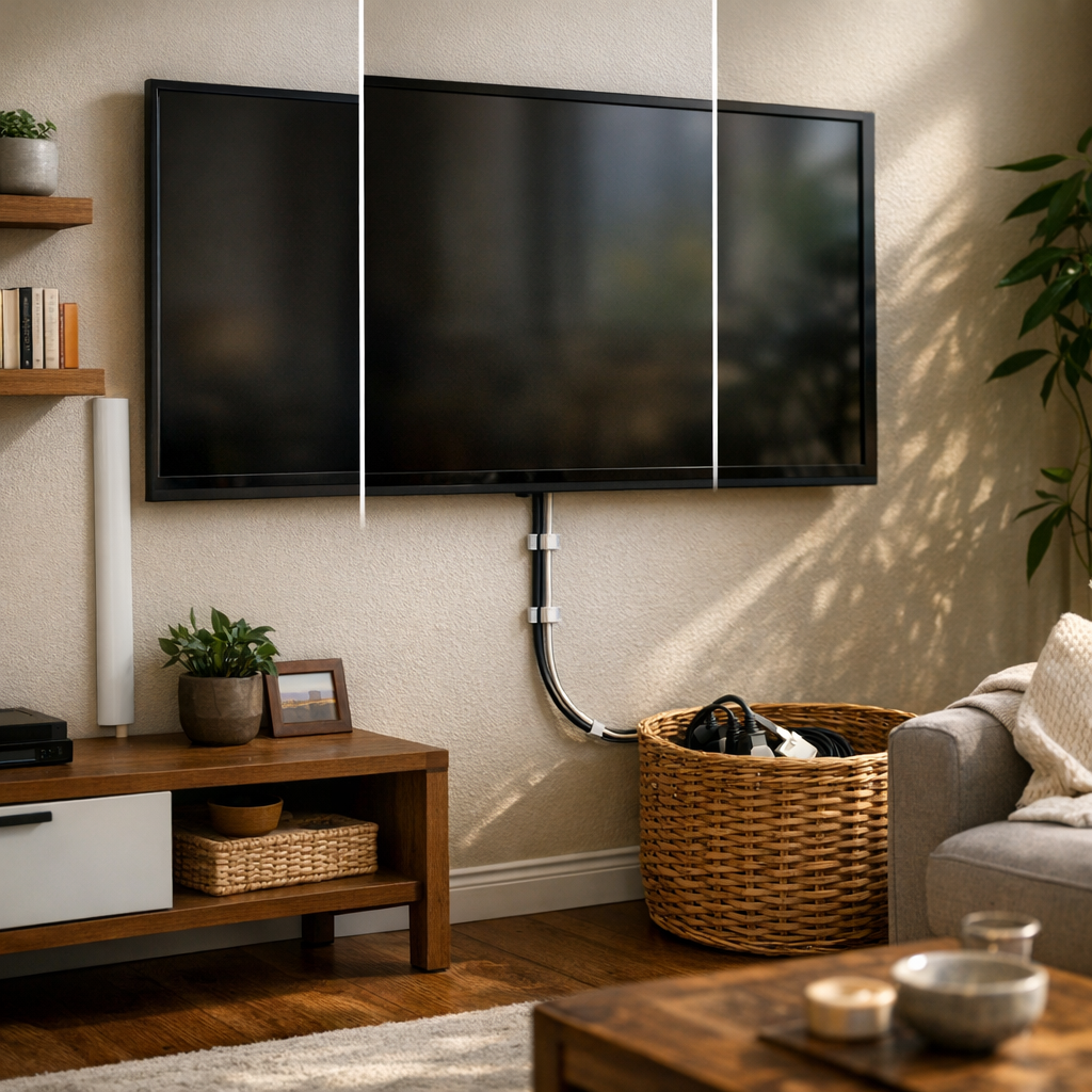 Como esconder fios da TV na parede: sem quebrar, TV na parede e cabos presos com presilhas até o cesto
