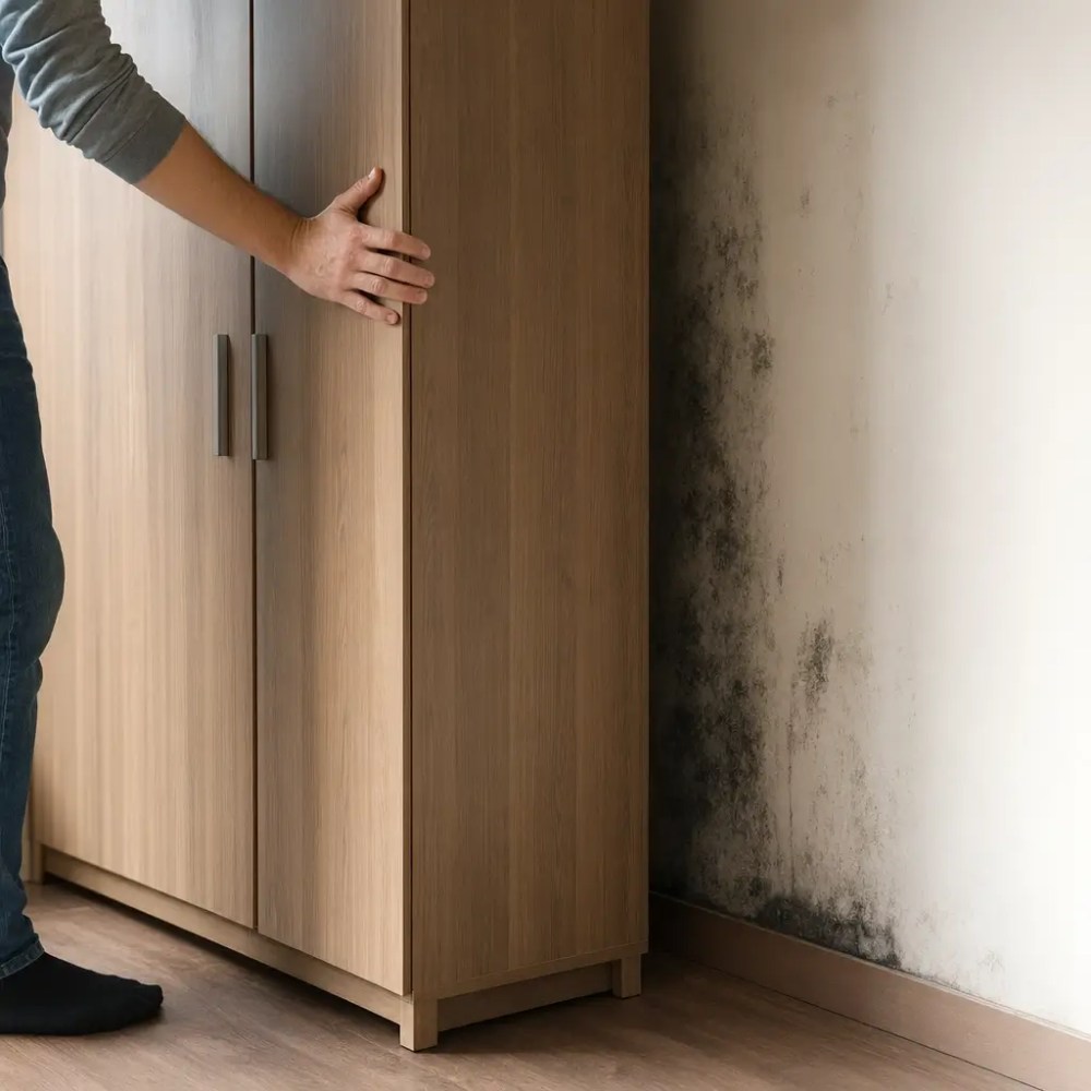 Como evitar mofo atrás do guarda-roupa: guarda-roupa afastado e parede com mofo
